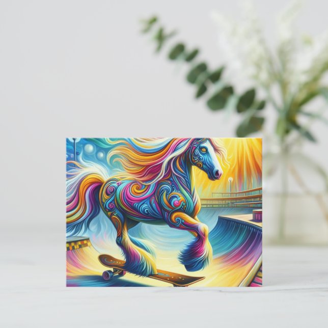 Colorful Horse Skateboarding Postcard (Standing Front)