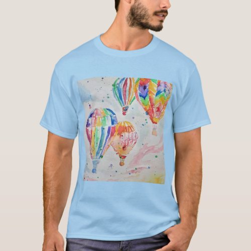 Colorful Hot Air Balloon Watercolor Art Design T_Shirt