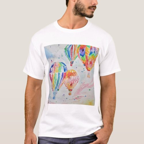 Colorful Hot Air Balloon Watercolor Art Design T_Shirt