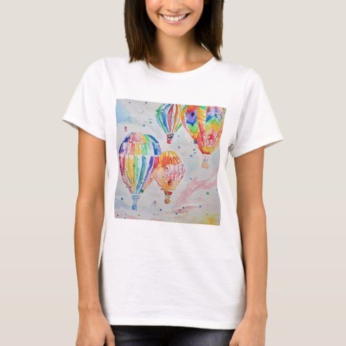 Colorful Hot Air Balloon Watercolor Art Design T_Shirt