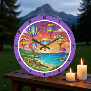 Colorful Hot Air Balloons Coastal Village Large Clock
