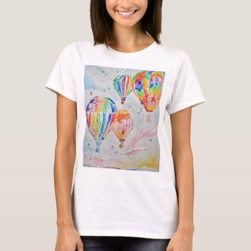 Colorful Hot Air Balloons Watercolour Painting T_Shirt