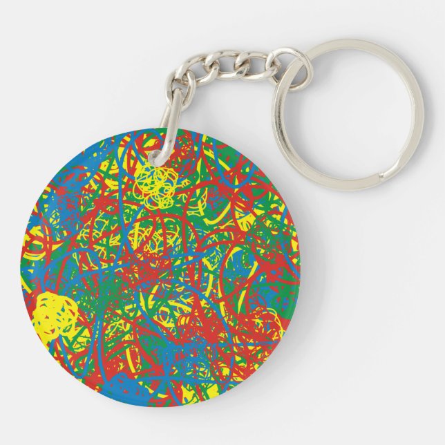 Colorful hot mess red blue yellow green scribbles keychain (Back)