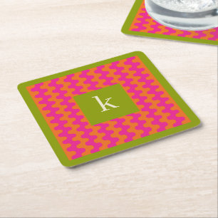 Colorful Hot Pink Orange Green Bold Wavy Monogram Square Paper Coaster
