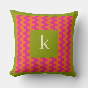 Colorful Hot Pink Orange Green Bold Wavy Monogram Throw Pillow