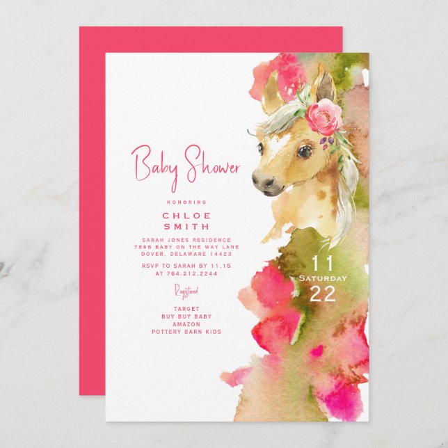 Colorful Hot Pink Pony Colorful Baby Shower Invitation (Front/Back)
