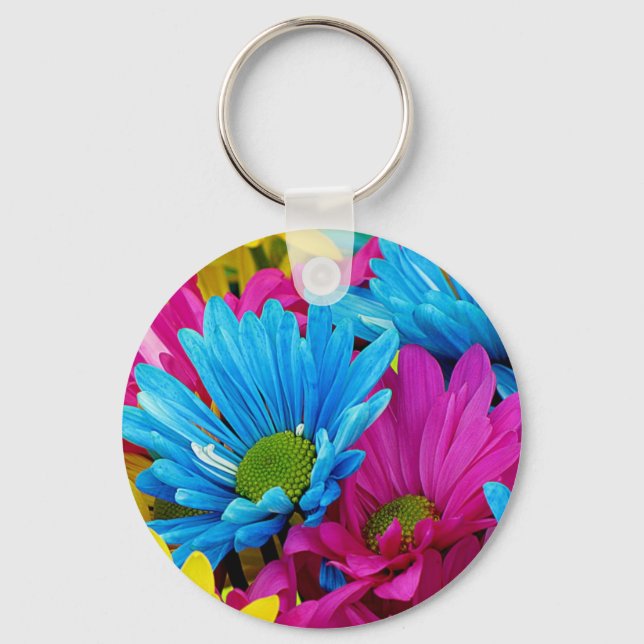 Colorful Hot Pink Teal Blue Gerber Daisies Flowers Keychain (Front)