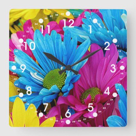 Colorful Hot Pink Teal Blue Gerber Daisies Flowers Square Wall Clock