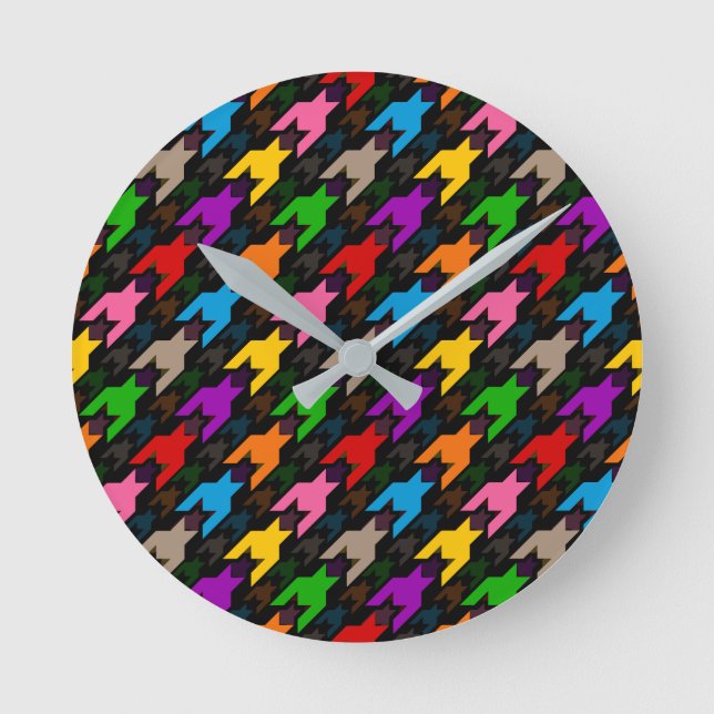 Colorful Houndstooth Pattern Black  Round Clock (Front)