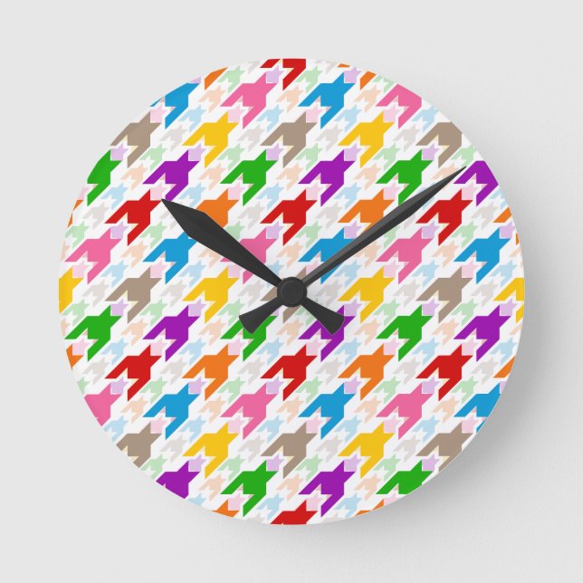 Colorful Houndstooth Pattern White  Round Clock (Front)