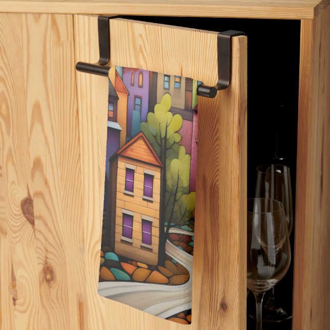 Colorful houses and trees in the fall kitchen towel (Thirds Fold)