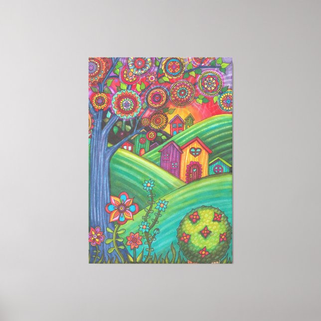 Colorful Houses Folk Art Canvas Print (Front)