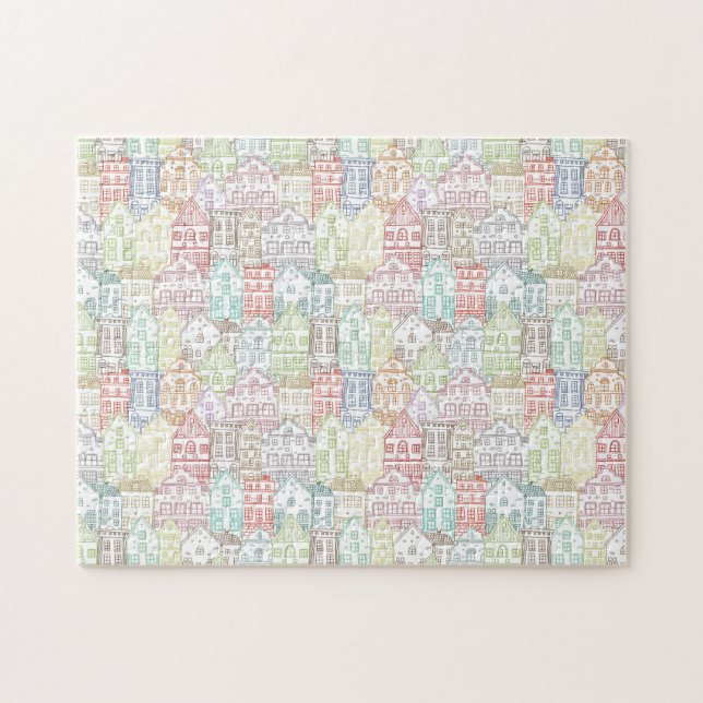 Colorful houses line art pattern jigsaw puzzle (Horizontal)
