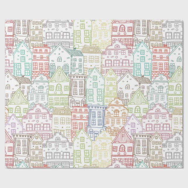 Colorful houses line art pattern wrapping paper (Flat)