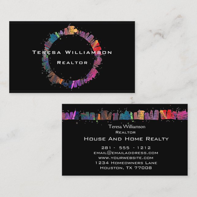 Colorful Houses Modern Artistic Real Estate Business Card (Front/Back)
