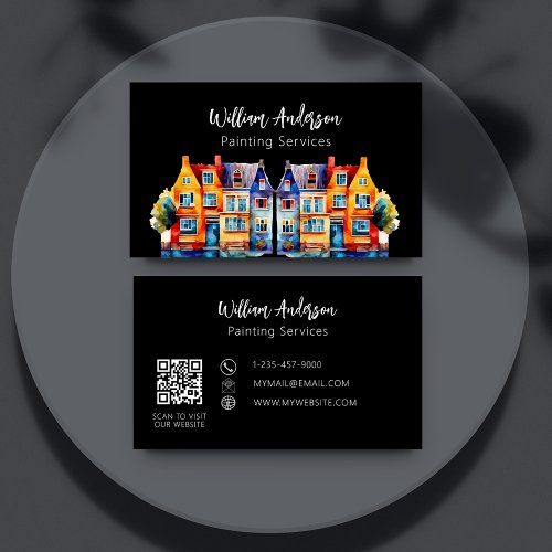 Colorful houses painting service QR code Business Card