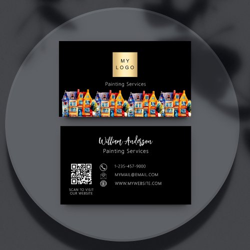 Colorful houses painting service QR code logo Business Card