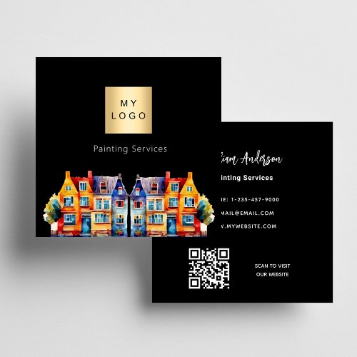 Colorful houses painting service QR code logo Square Business Card