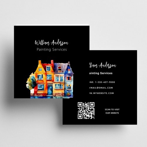 Colorful houses painting service QR code Square Business Card