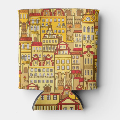 Colorful Houses Vintage City Pattern Can Cooler