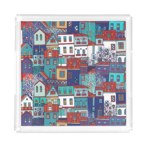 Colorful houses vintage seamless pattern acrylic tray