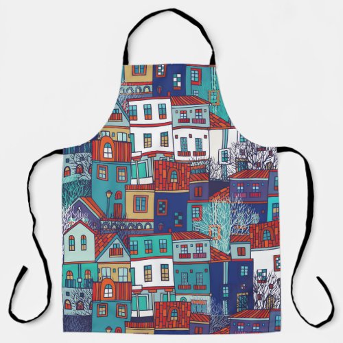 Colorful houses vintage seamless pattern apron