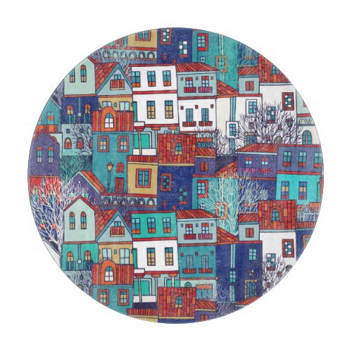 Colorful houses vintage seamless pattern cutting board