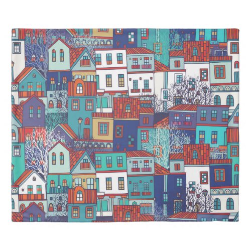 Colorful houses vintage seamless pattern duvet cover