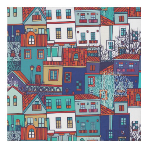 Colorful houses vintage seamless pattern faux canvas print