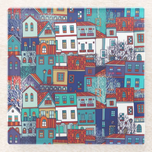 Colorful houses vintage seamless pattern glass coaster