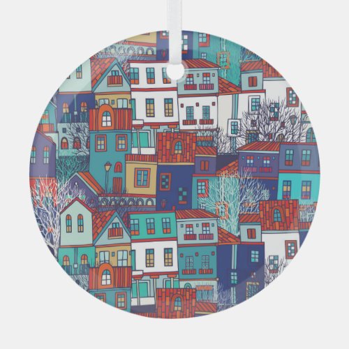 Colorful houses vintage seamless pattern glass ornament