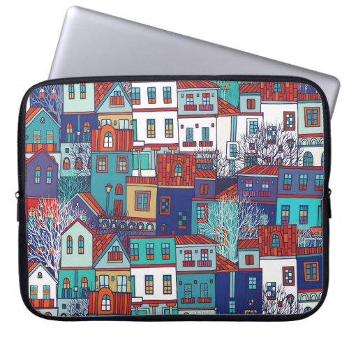 Colorful houses vintage seamless pattern laptop sleeve