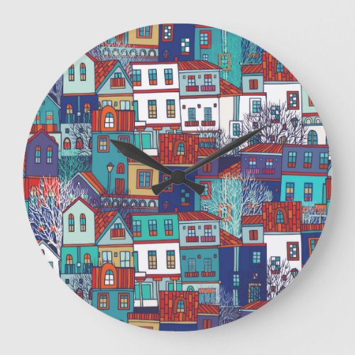 Colorful houses vintage seamless pattern large clock