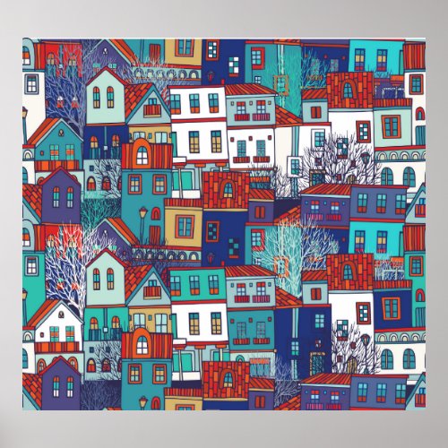 Colorful houses vintage seamless pattern poster