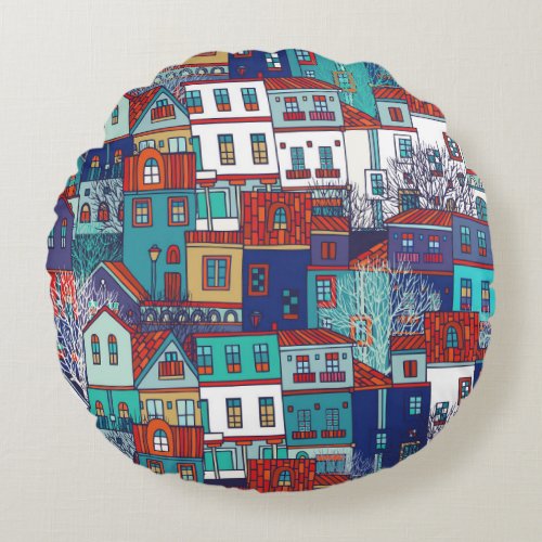Colorful houses vintage seamless pattern round pillow