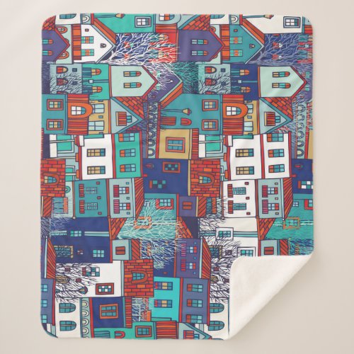 Colorful houses vintage seamless pattern sherpa blanket