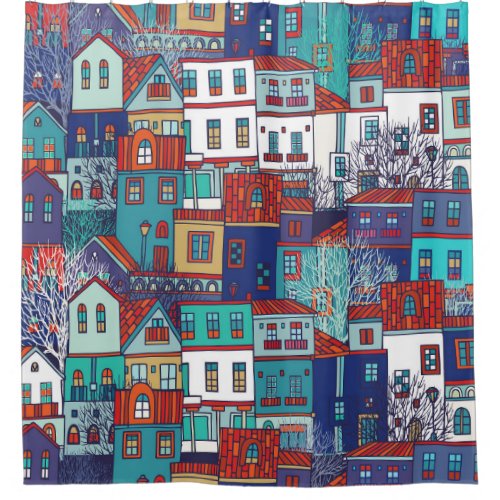 Colorful houses vintage seamless pattern shower curtain
