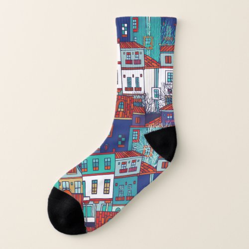 Colorful houses vintage seamless pattern socks