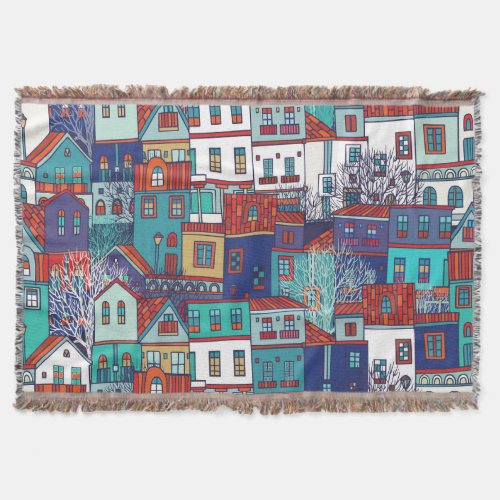 Colorful houses vintage seamless pattern throw blanket