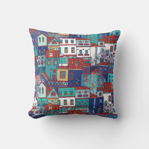 Colorful houses vintage seamless pattern throw pillow