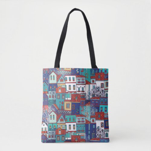 Colorful houses vintage seamless pattern tote bag