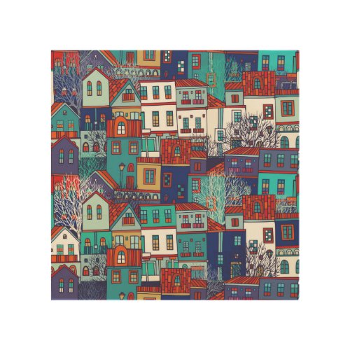 Colorful houses vintage seamless pattern wood wall art