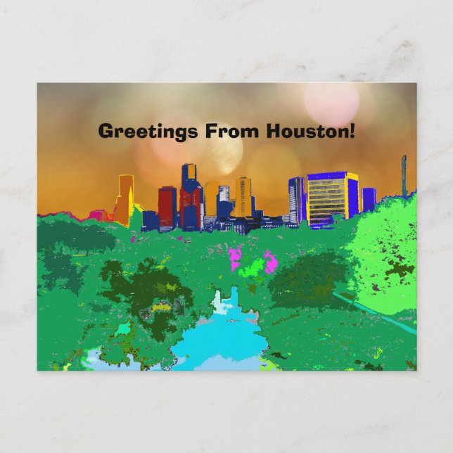 Colorful Houston City Skyline Souvenir Greetings Postcard (Front)