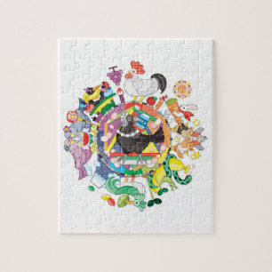 colorful hue circle gradation with black and white jigsaw puzzle