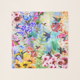 Colorful Humming Birds and Flowers Scarf