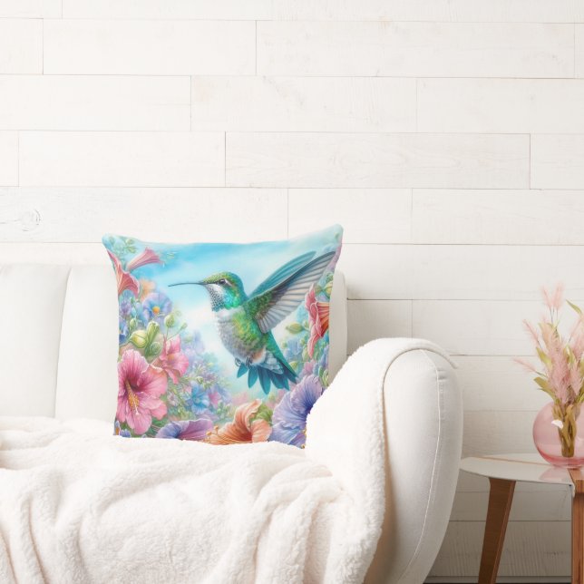 Colorful Hummingbird And Flowers Throw Pillow (Couch)