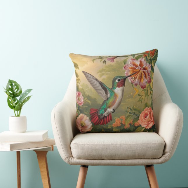 Colorful Hummingbird And Flowers Throw Pillow (Chair)