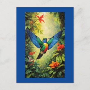 Colorful Hummingbird, blue frame, Postcard