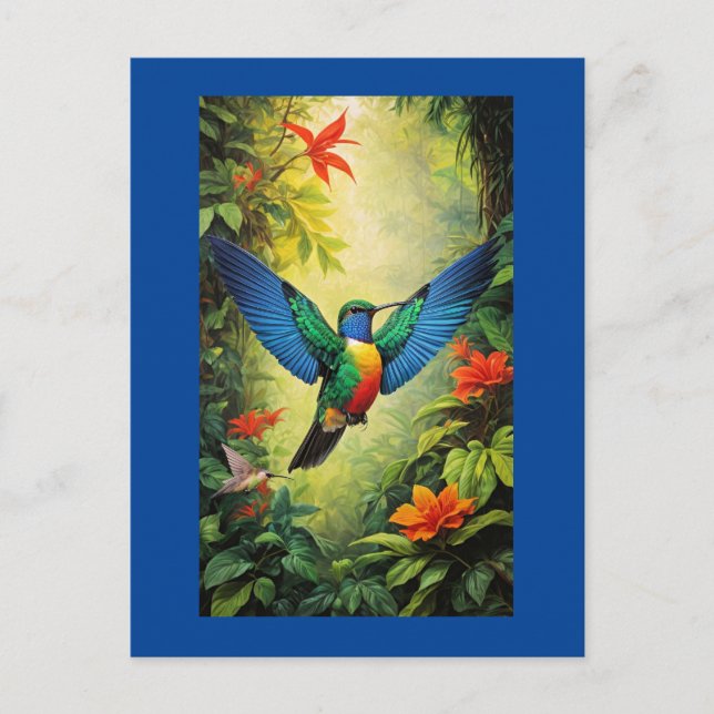 Colorful Hummingbird, blue frame, Postcard (Front)