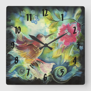 Colorful Hummingbird Digital Silk Art Square Wall Clock